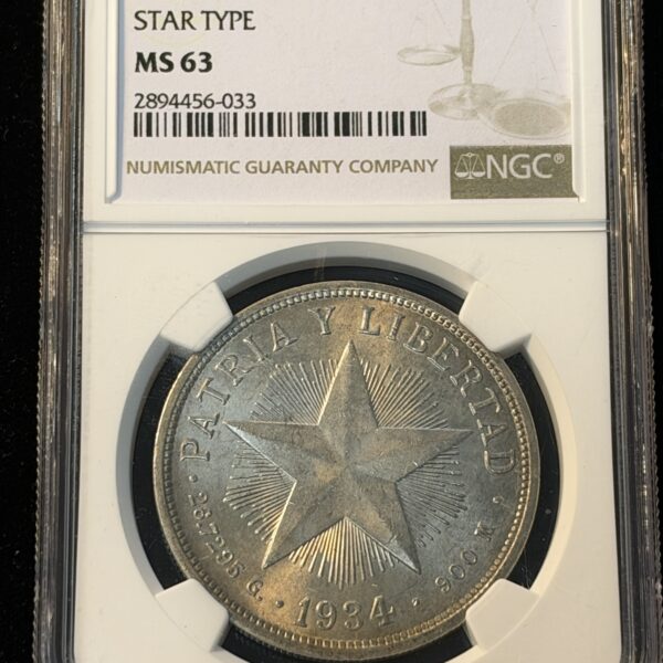1934 Cuba Peso Star Type MS63 NGC 033