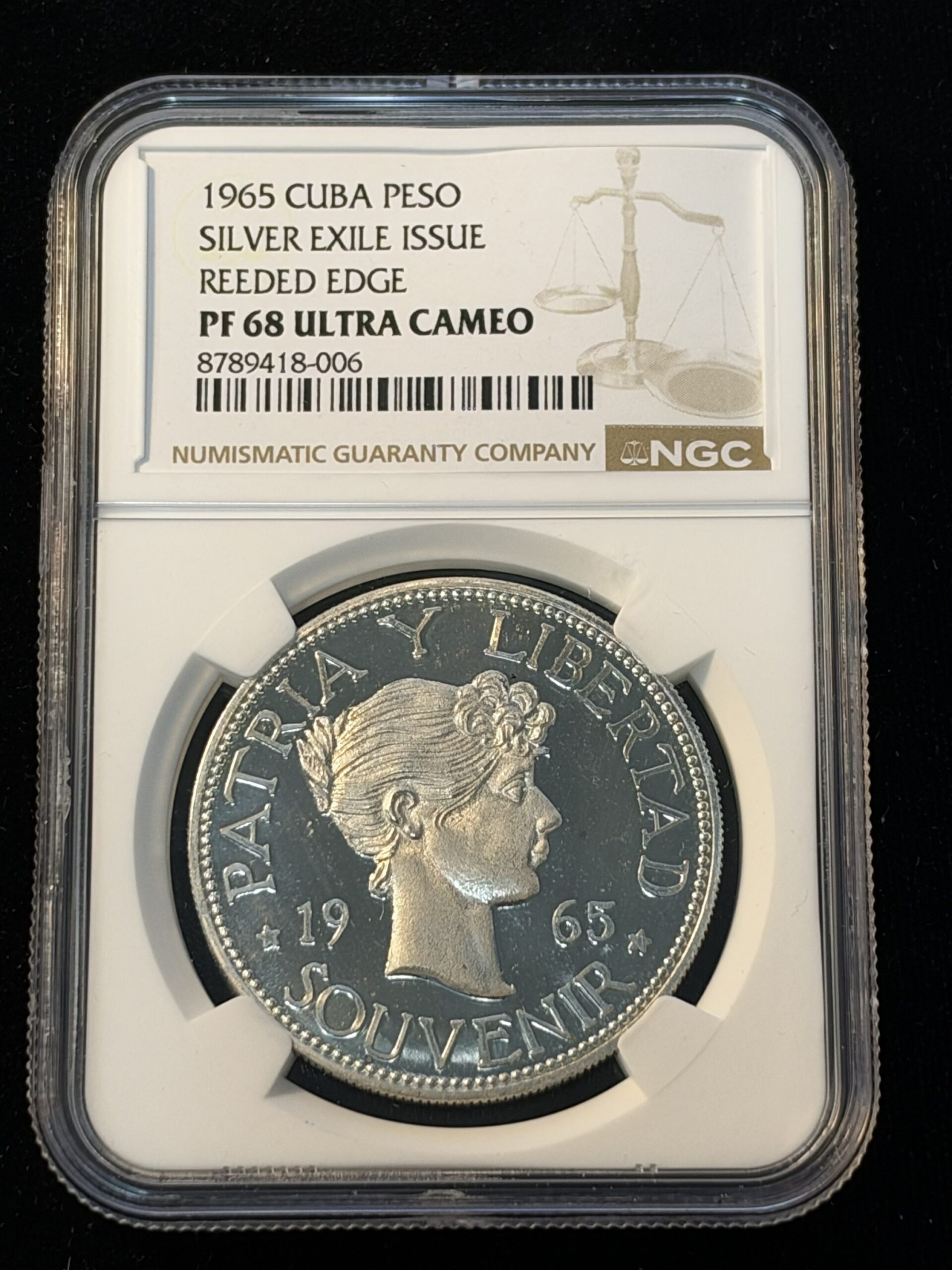 1965 Cuba Peso Silver Exile Issue Reeded Edge PF68 Ultra Cameo NGC
