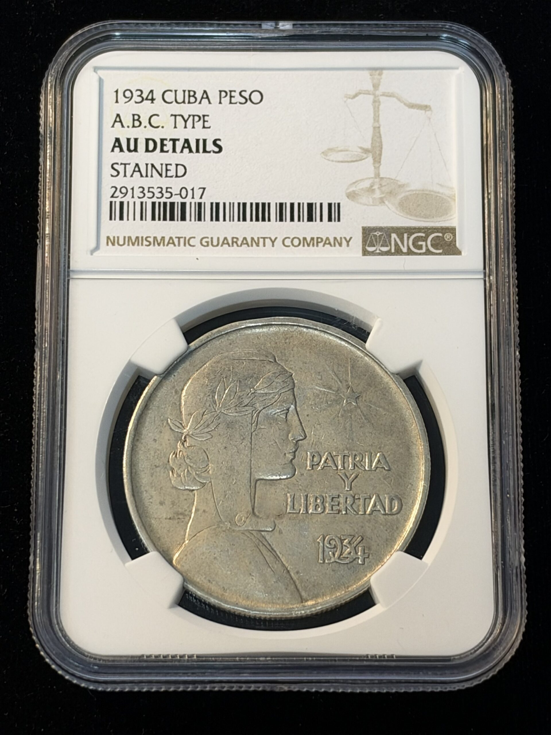 1934 Cuba Peso ABC Type AU Details Stained NGC